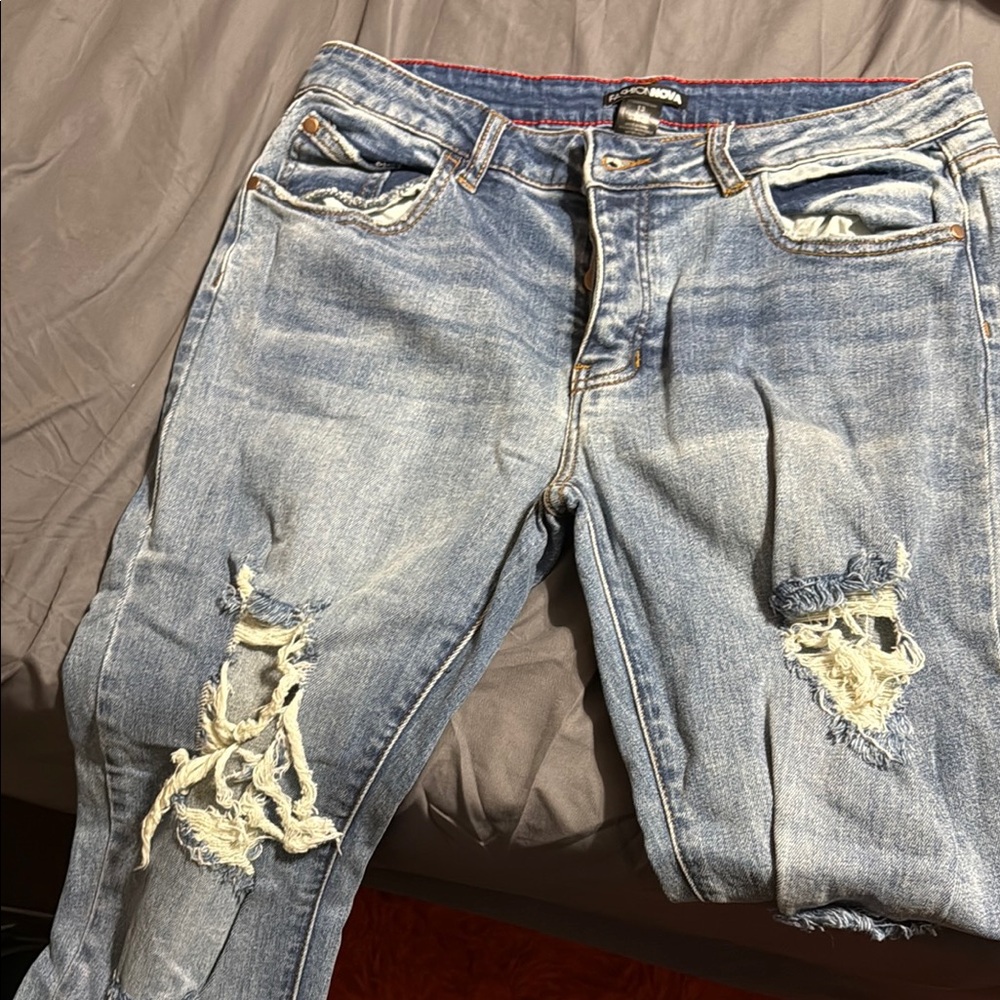 Fashion Nova Blue Boyfriend Jeans with Distressed Details
